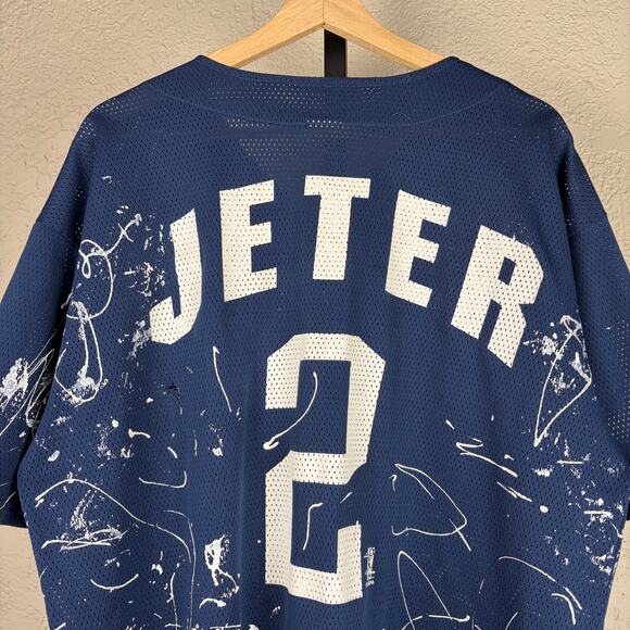 New York Yankees Derek Jeter Logo 7 Vintage Paint Splattered XL Baseball Jersey - Picture 2 of 7